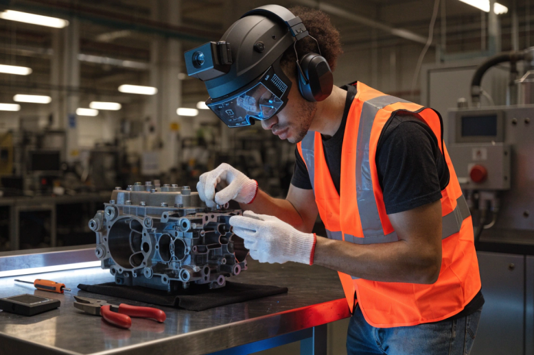 Technician assembling component with AR overlay