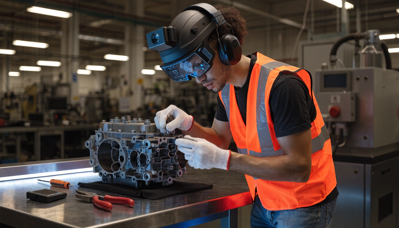 Technician assembling component with AR overlay