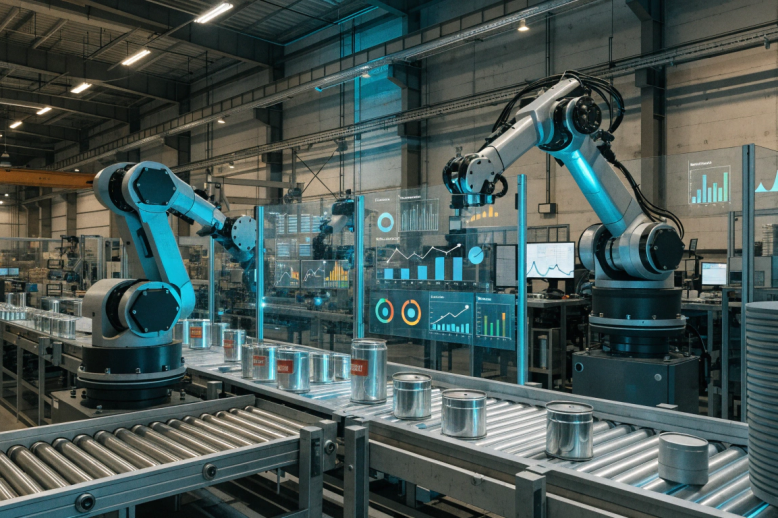 Manufacturing line with AI analytics overlay