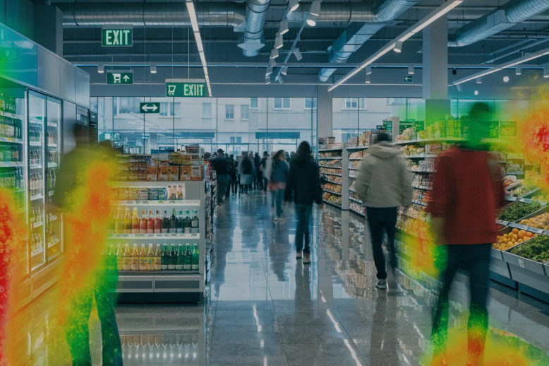 Modern retail interior with customer flow heatmap overlay
