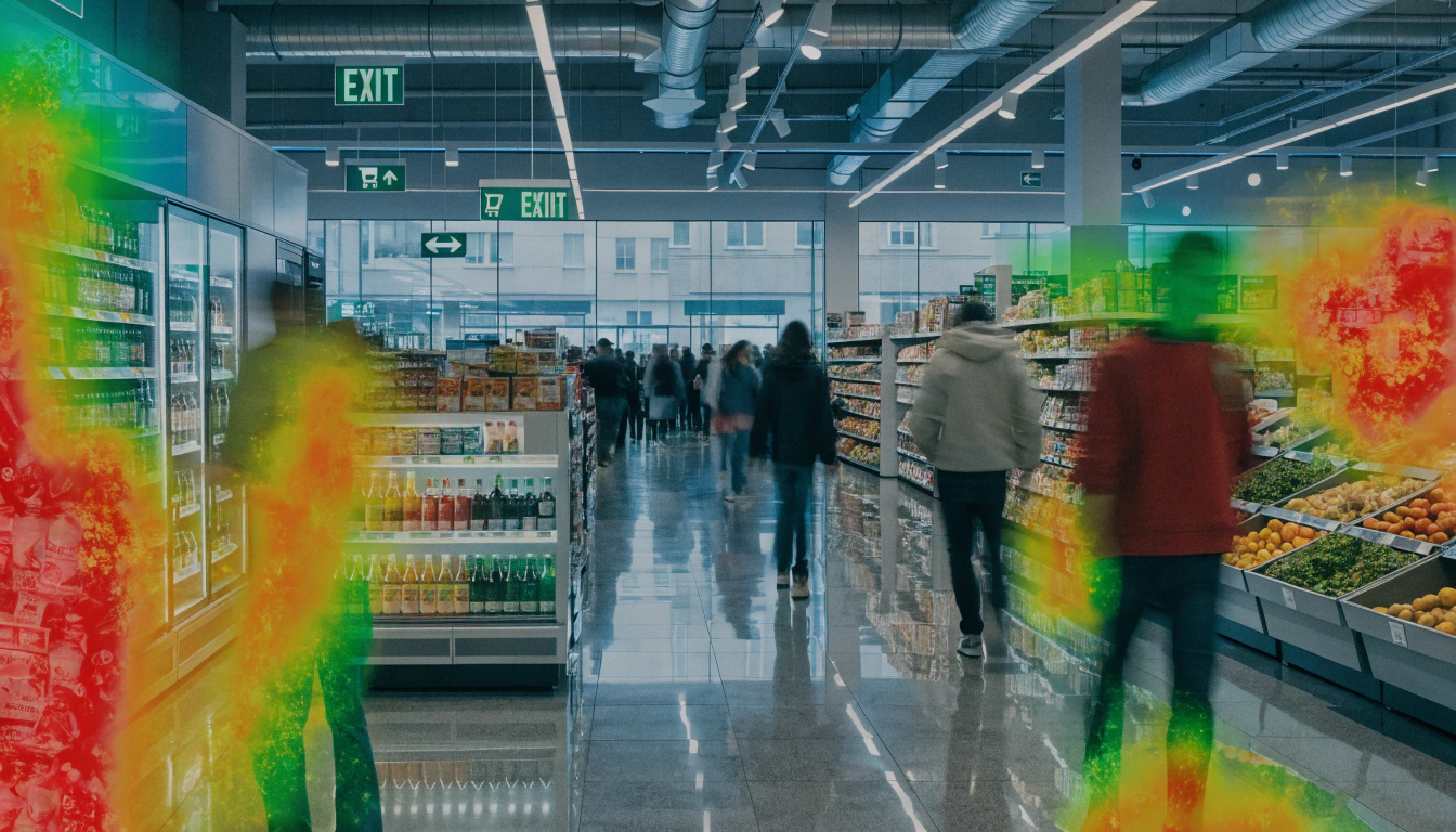 Modern retail interior with customer flow heatmap overlay