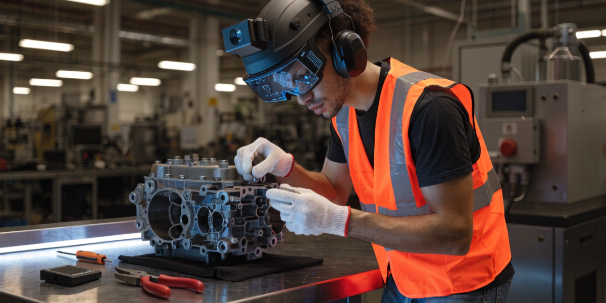 Technician assembling component with AR overlay