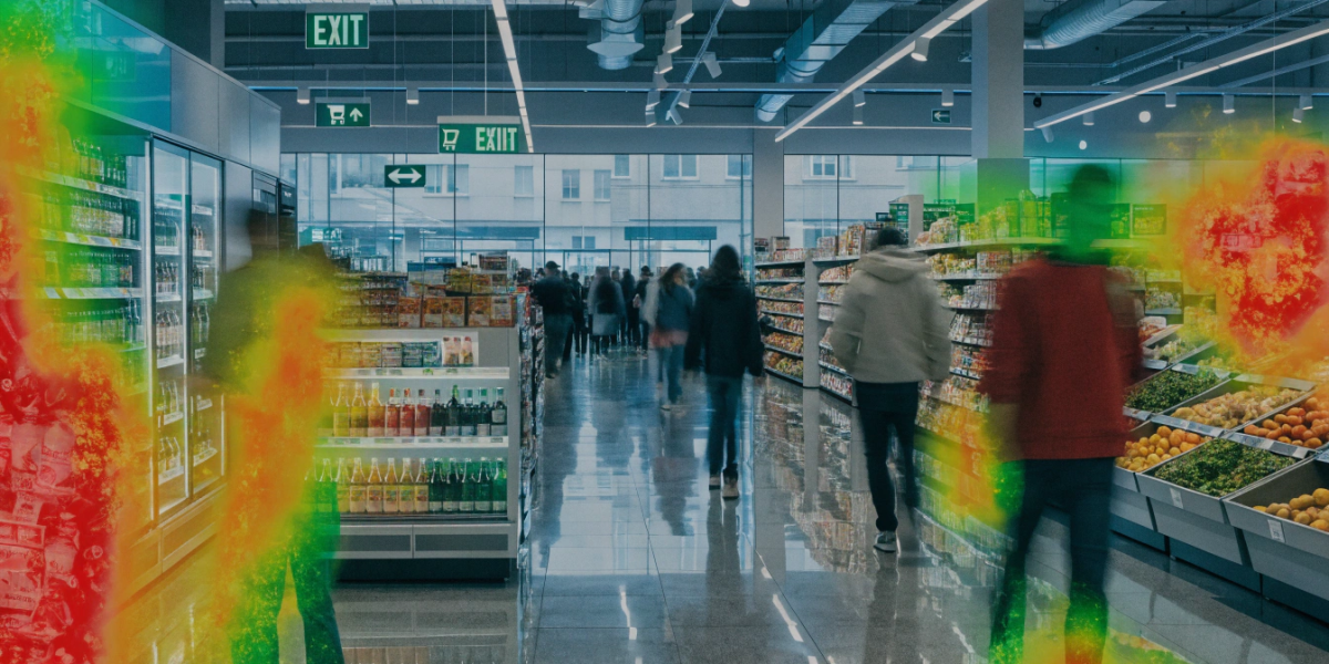 Modern retail interior with customer flow heatmap overlay